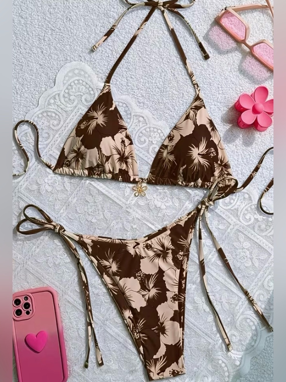 Brown Floral Triangle Halter Side Tie Bikini Set
